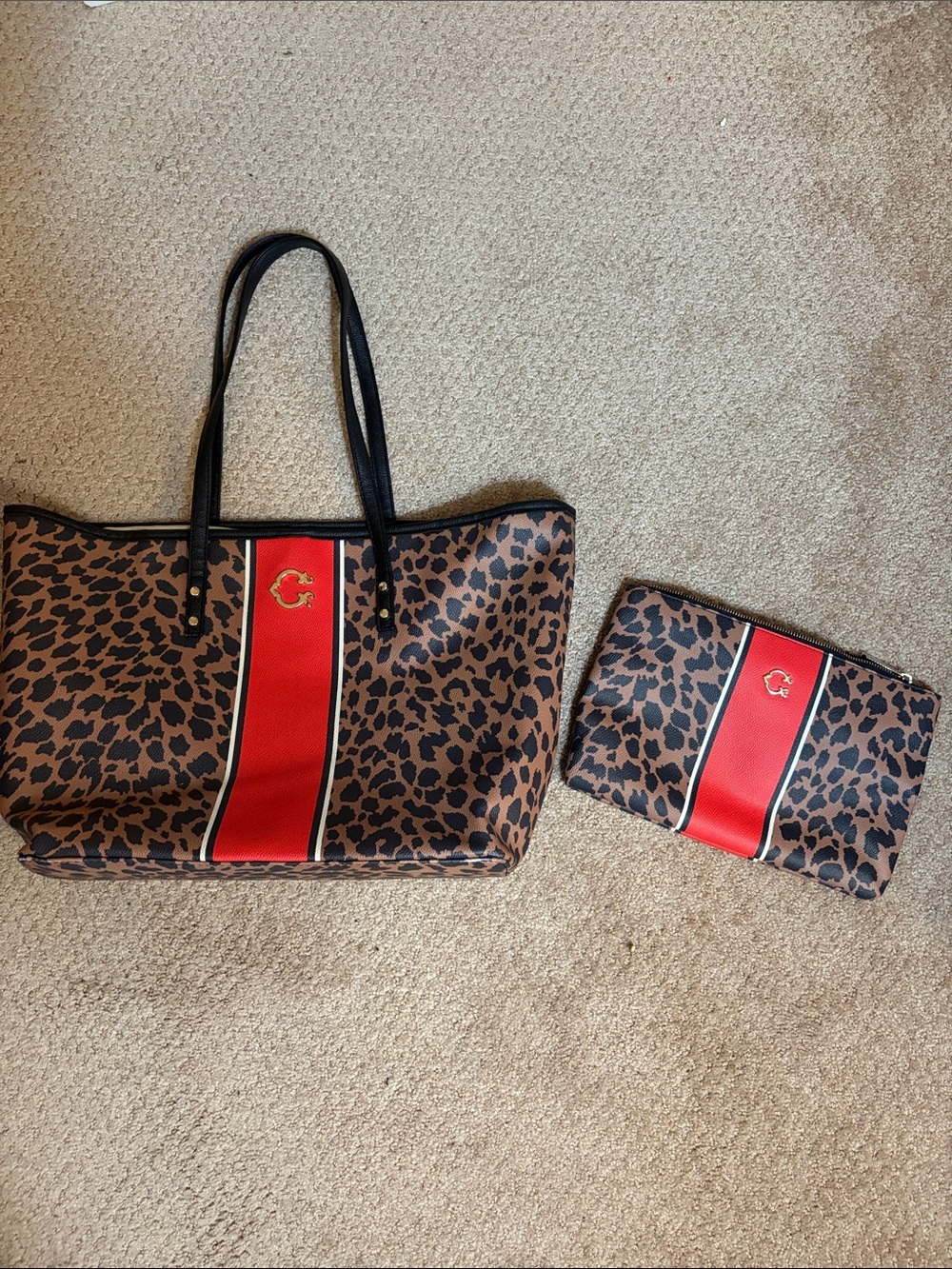C-Wonder Leopard Print Tote & Wallet Set with Red Stripe
